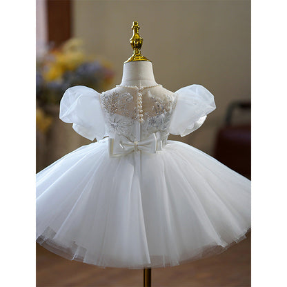 White Tulle Princess Flower Girl Dress with Lace & Puff Sleeves