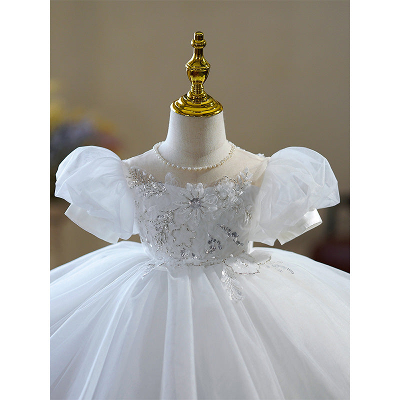 White Tulle Princess Flower Girl Dress with Lace & Puff Sleeves