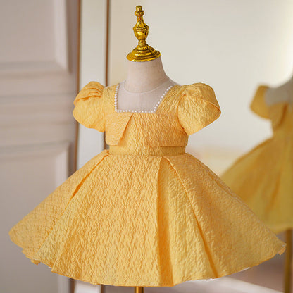 Yellow A-Line Flower Girl Dress with Beaded Puff Sleeves