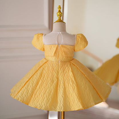 Yellow A-Line Flower Girl Dress with Beaded Puff Sleeves