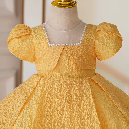 Yellow A-Line Flower Girl Dress with Beaded Puff Sleeves