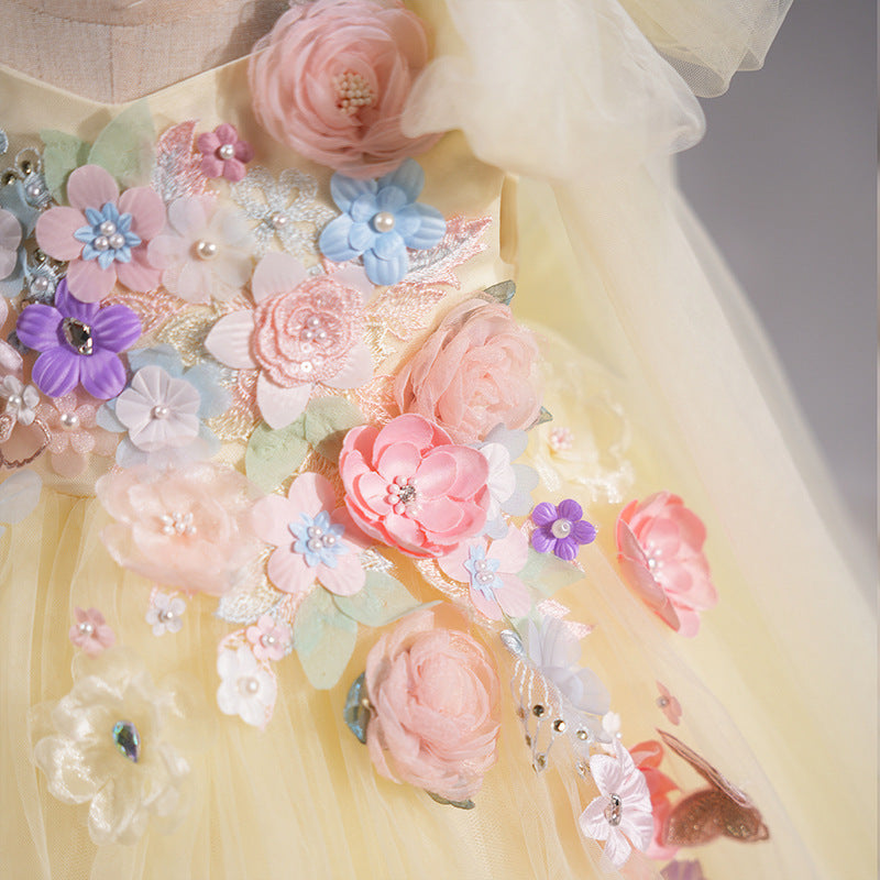 Yellow A-Line Princess Flower Girl Dress with Flowers and Beads