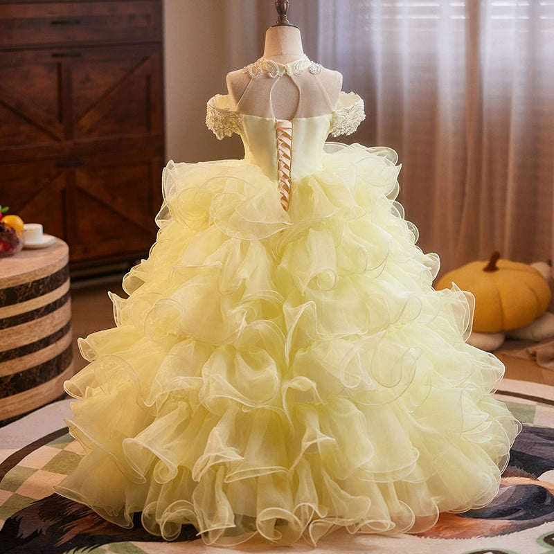 Yellow A-Line Princess Flower Girl Dress with Lace and Ruffles