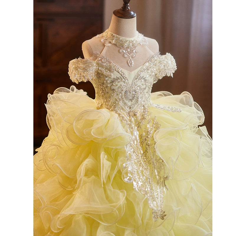 Yellow A-Line Princess Flower Girl Dress with Lace and Ruffles