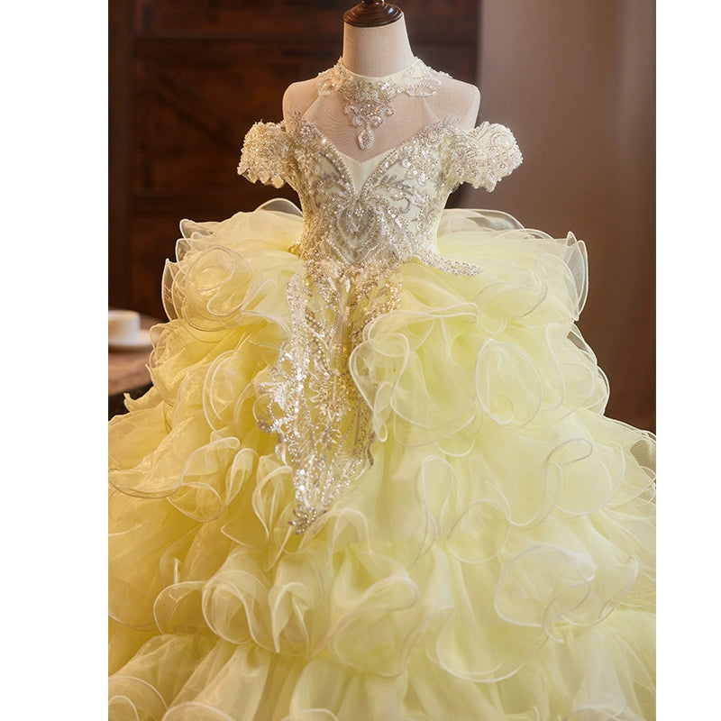 Yellow A-Line Princess Flower Girl Dress with Lace and Ruffles