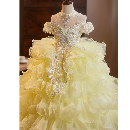 Yellow A-Line Princess Flower Girl Dress with Lace and Ruffles