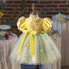 Yellow Princess Puff Sleeve Dress with Embroidery and Fabric Flowers for Girls