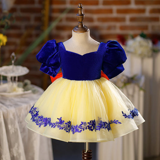 Yellow Princess V-Neck Velvet Dress for Girls – Short Sleeve Knee-Length Red Bow Party Dress