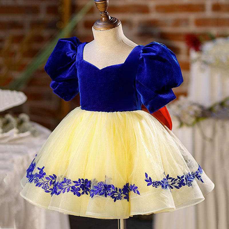 Yellow Princess V-Neck Velvet Dress for Girls – Short Sleeve Knee-Length Red Bow Party Dress
