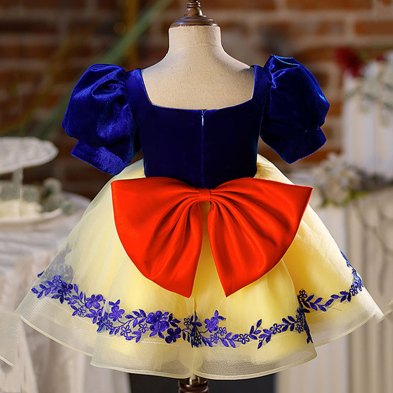 Yellow Princess V-Neck Velvet Dress for Girls – Short Sleeve Knee-Length Red Bow Party Dress