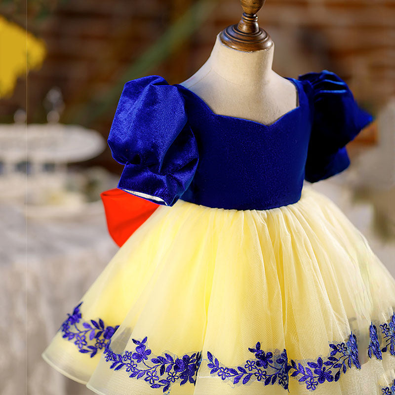 Yellow Princess V-Neck Velvet Dress for Girls – Short Sleeve Knee-Length Red Bow Party Dress
