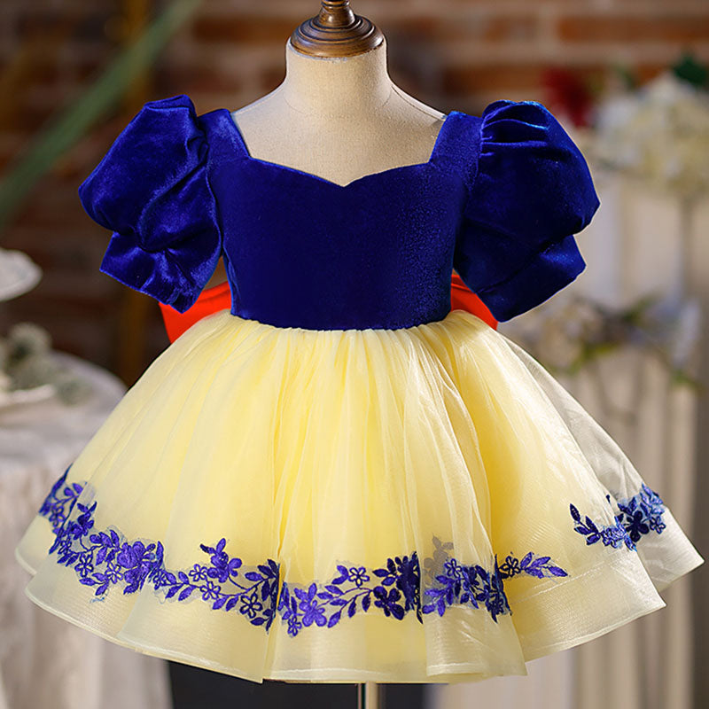 Yellow Princess V-Neck Velvet Dress for Girls – Short Sleeve Knee-Length Red Bow Party Dress