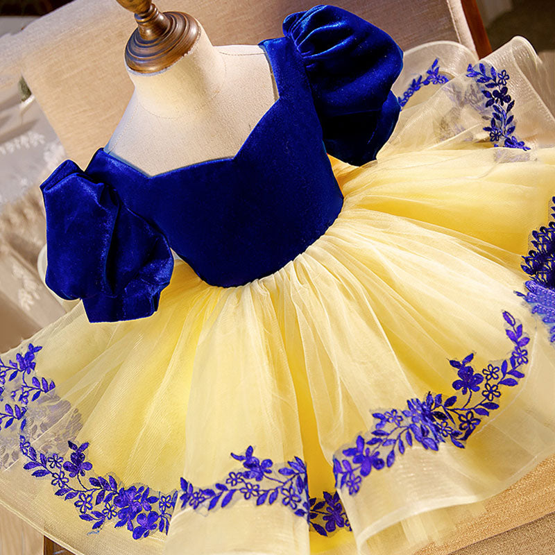 Yellow Princess V-Neck Velvet Dress for Girls – Short Sleeve Knee-Length Red Bow Party Dress