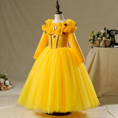 Yellow Satin Tulle A-Line Flower Girl Dress Long Sleeve Floor