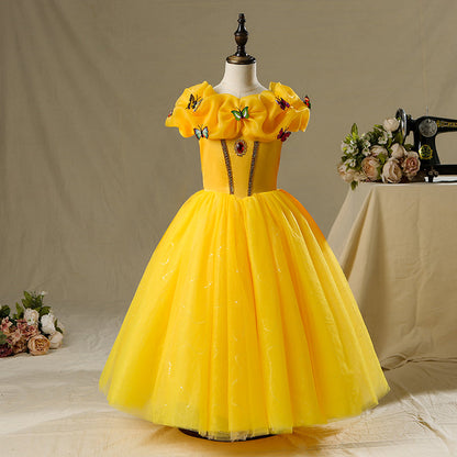 Yellow Satin Tulle A-Line Flower Girl Dress Long Sleeve Floor