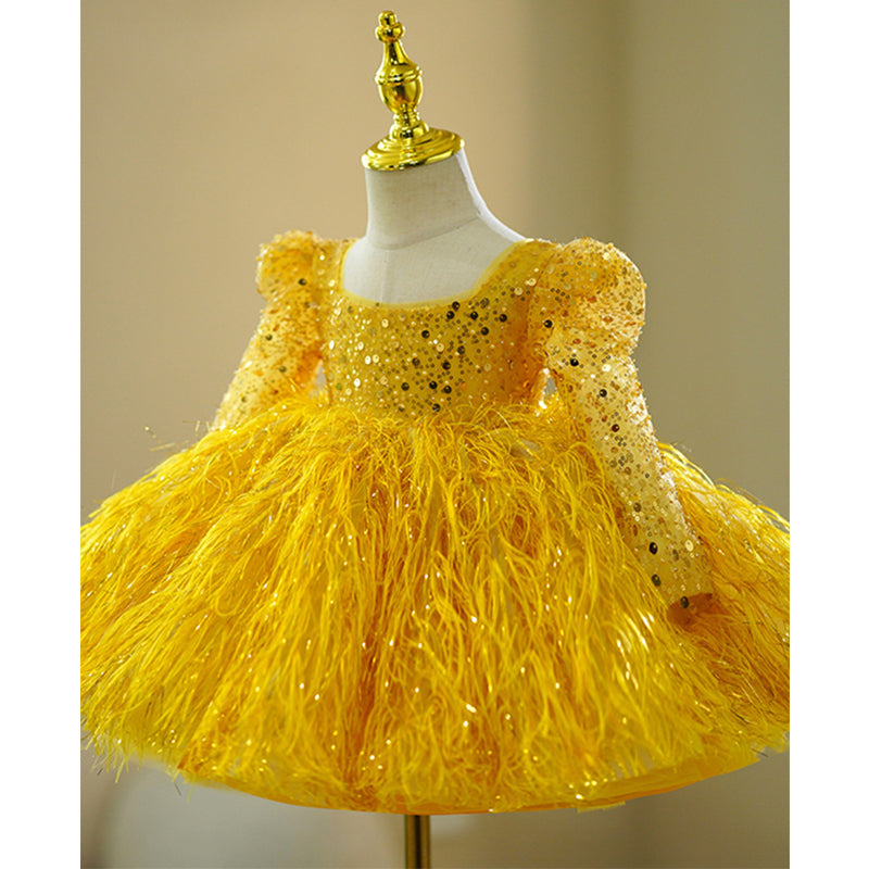 Yellow Sequined Ball Gown with Fringe for Girls | Long Sleeve Princess Dress