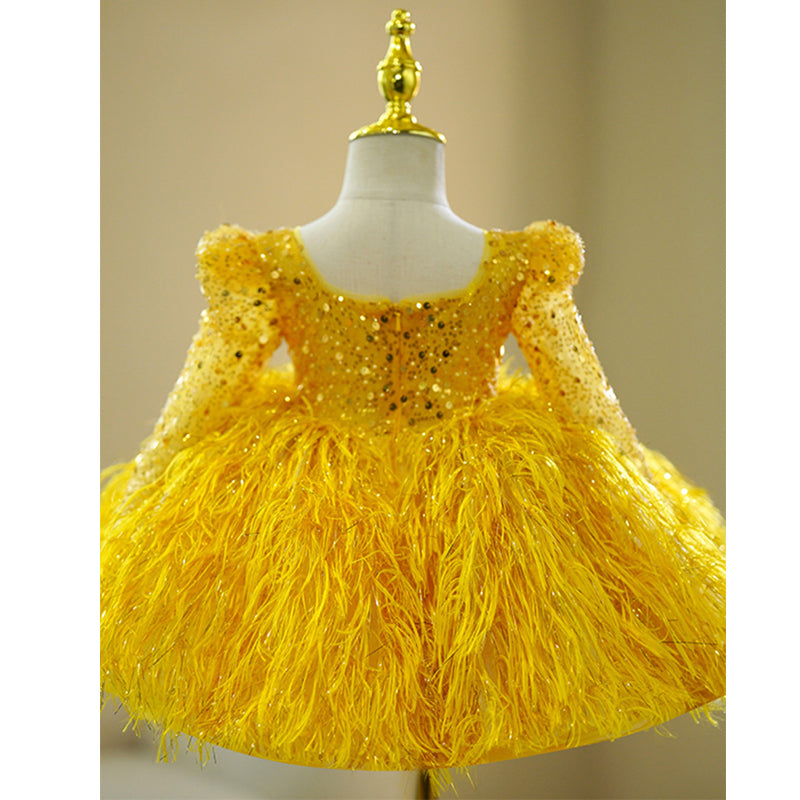 Yellow Sequined Ball Gown with Fringe for Girls | Long Sleeve Princess Dress