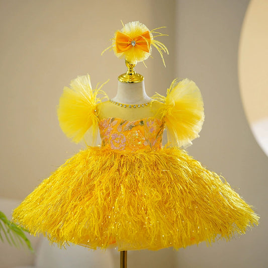 Yellow Sequined Ball Gown for Girls – Fringe & Illusion Neckline | Special Occasion Dress