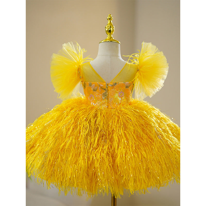 Yellow Sequined Ball Gown for Girls – Fringe & Illusion Neckline | Special Occasion Dress