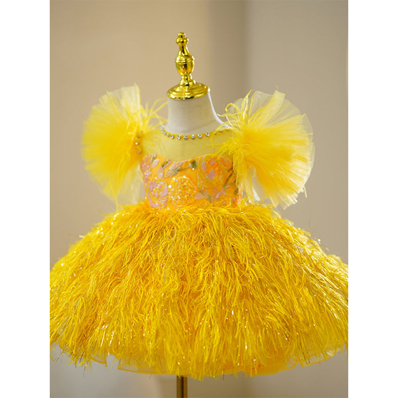 Yellow Sequined Ball Gown for Girls – Fringe & Illusion Neckline | Special Occasion Dress