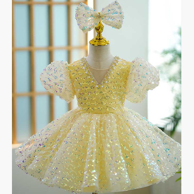 Yellow Sequin Princess Dress for Girls | V-Neck, Short Sleeve, Birthday & Party