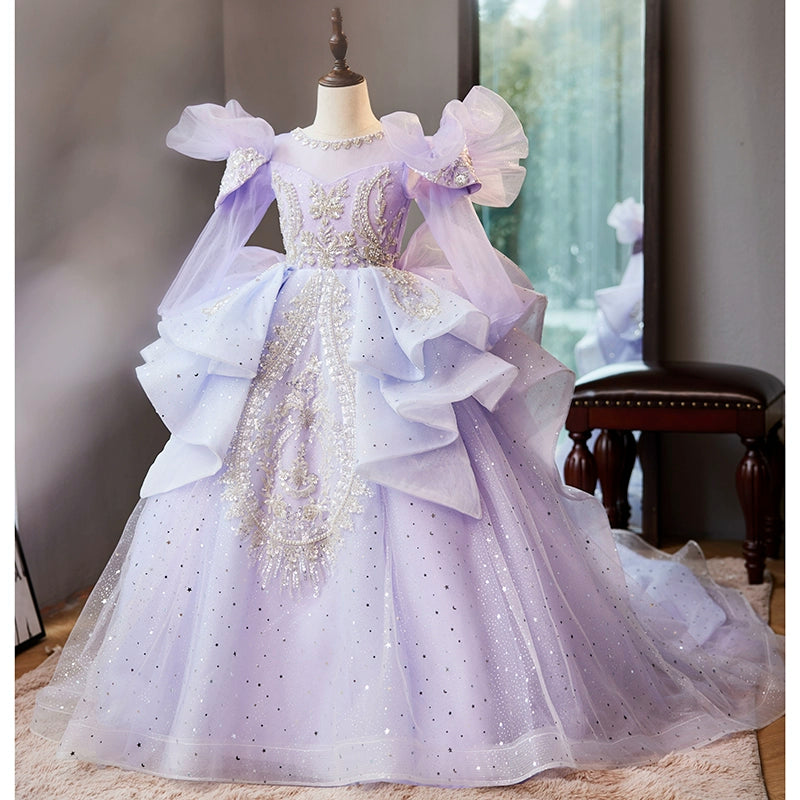 Princess Lilac Tulle Crossed Straps Baptism Beaded Floor Length 1/2 Sleeve Cap Sleeve Round Flower Girl Dress