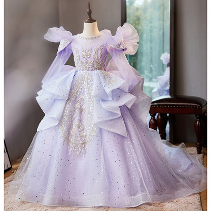 Princess Lilac Tulle Crossed Straps Baptism Beaded Floor Length 1/2 Sleeve Cap Sleeve Round Flower Girl Dress