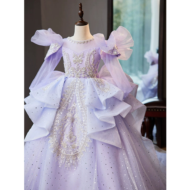 Princess Lilac Tulle Crossed Straps Baptism Beaded Floor Length 1/2 Sleeve Cap Sleeve Round Flower Girl Dress