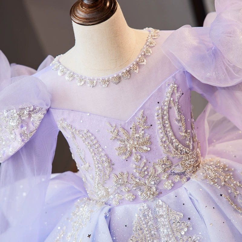 Princess Lilac Tulle Crossed Straps Baptism Beaded Floor Length 1/2 Sleeve Cap Sleeve Round Flower Girl Dress