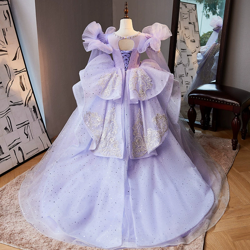Princess Lilac Tulle Crossed Straps Baptism Beaded Floor Length 1/2 Sleeve Cap Sleeve Round Flower Girl Dress