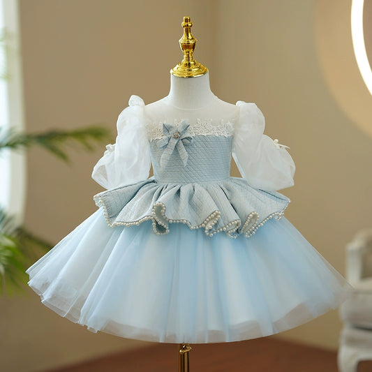 Princess Blue Tulle Back Zip Baptism Lace Tea Length 1/2 Sleeve Puff Sleeve Round Flower Girl Dress