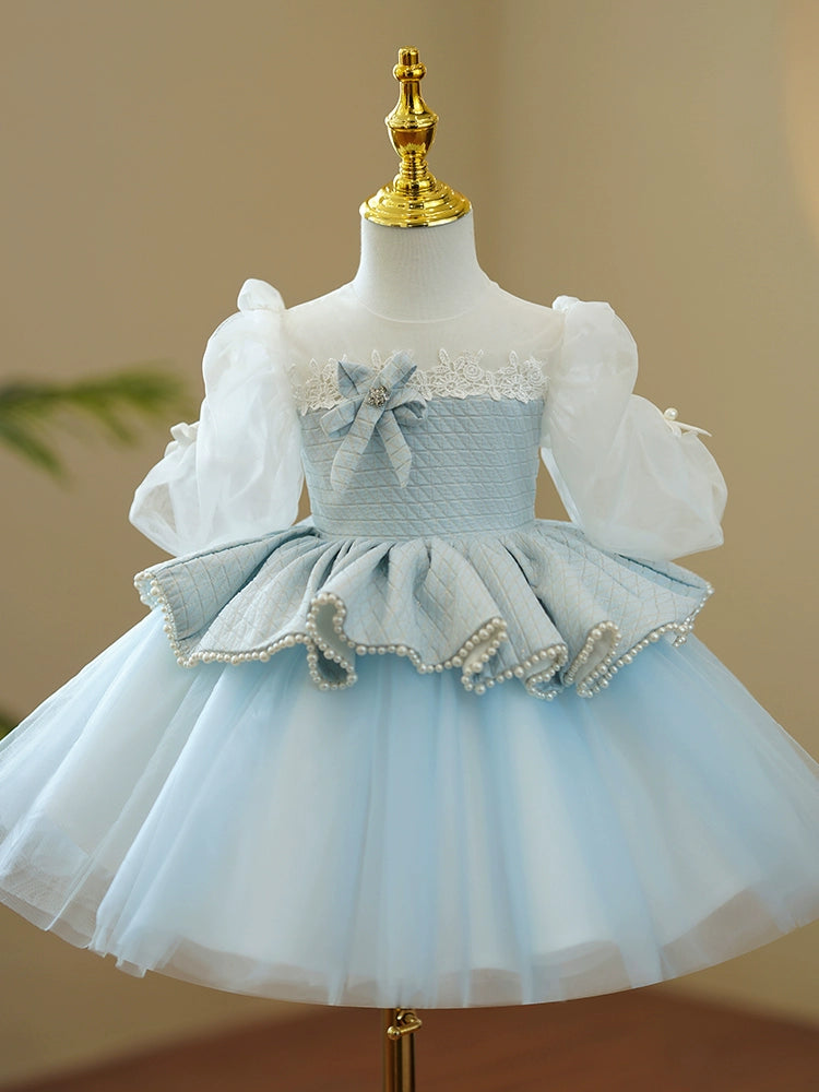 Princess Blue Tulle Back Zip Baptism Lace Tea Length 1/2 Sleeve Puff Sleeve Round Flower Girl Dress