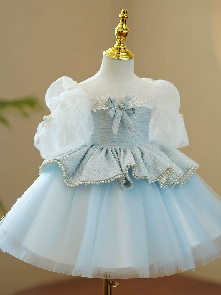 Princess Blue Tulle Back Zip Baptism Lace Tea Length 1/2 Sleeve Puff Sleeve Round Flower Girl Dress