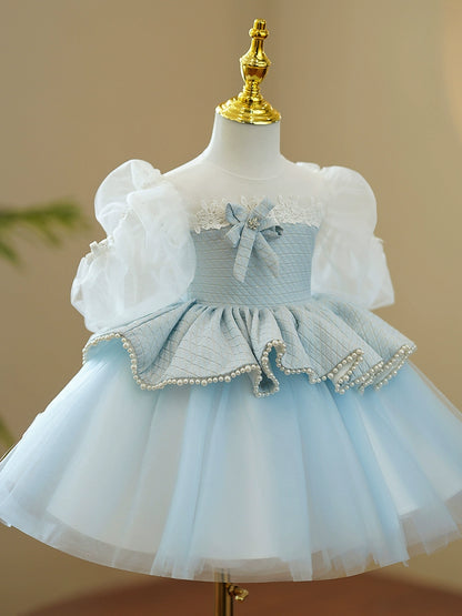Princess Blue Tulle Back Zip Baptism Lace Tea Length 1/2 Sleeve Puff Sleeve Round Flower Girl Dress