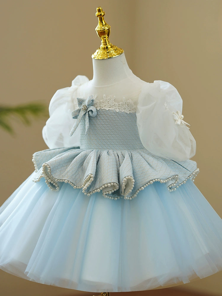 Princess Blue Tulle Back Zip Baptism Lace Tea Length 1/2 Sleeve Puff Sleeve Round Flower Girl Dress
