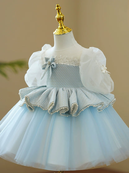 Princess Blue Tulle Back Zip Baptism Lace Tea Length 1/2 Sleeve Puff Sleeve Round Flower Girl Dress