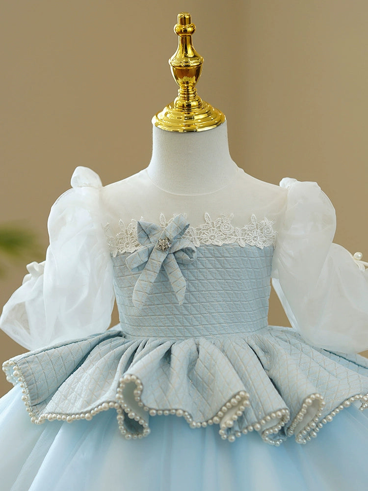 Princess Blue Tulle Back Zip Baptism Lace Tea Length 1/2 Sleeve Puff Sleeve Round Flower Girl Dress