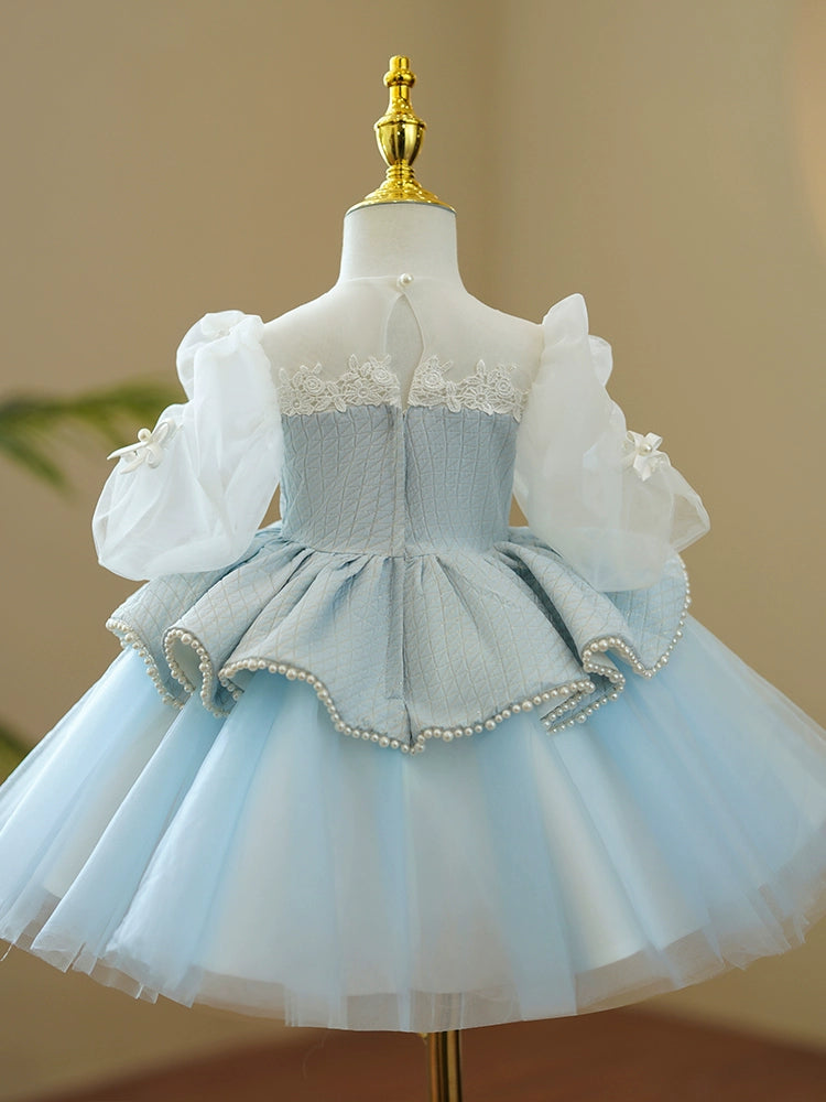 Princess Blue Tulle Back Zip Baptism Lace Tea Length 1/2 Sleeve Puff Sleeve Round Flower Girl Dress