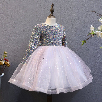 A-line Lilac Tulle Back Zip Baptism Sequins Tea Length Long Sleeve Round Flower Girl Dress