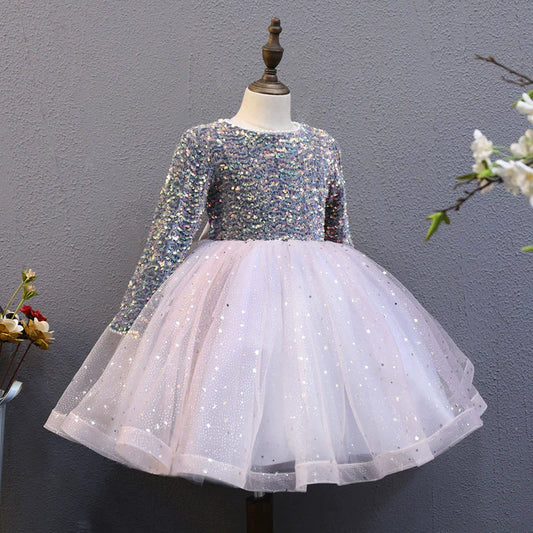 A-line Lilac Tulle Back Zip Baptism Sequins Tea Length Long Sleeve Round Flower Girl Dress