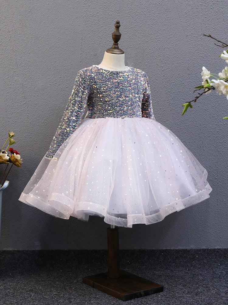 A-line Lilac Tulle Back Zip Baptism Sequins Tea Length Long Sleeve Round Flower Girl Dress