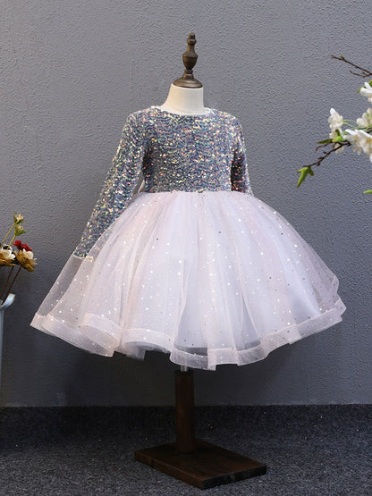 A-line Lilac Tulle Back Zip Baptism Sequins Tea Length Long Sleeve Round Flower Girl Dress