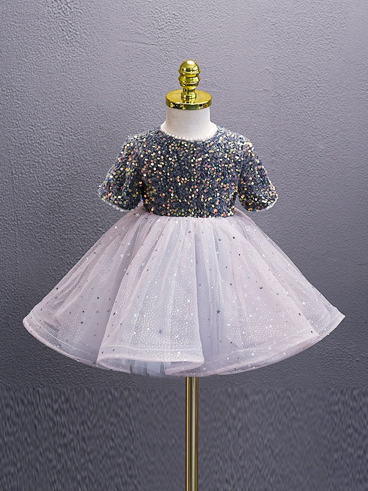 A-line Lilac Tulle Back Zip Baptism Sequins Tea Length Long Sleeve Round Flower Girl Dress