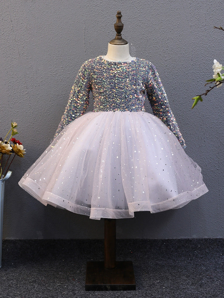A-line Lilac Tulle Back Zip Baptism Sequins Tea Length Long Sleeve Round Flower Girl Dress