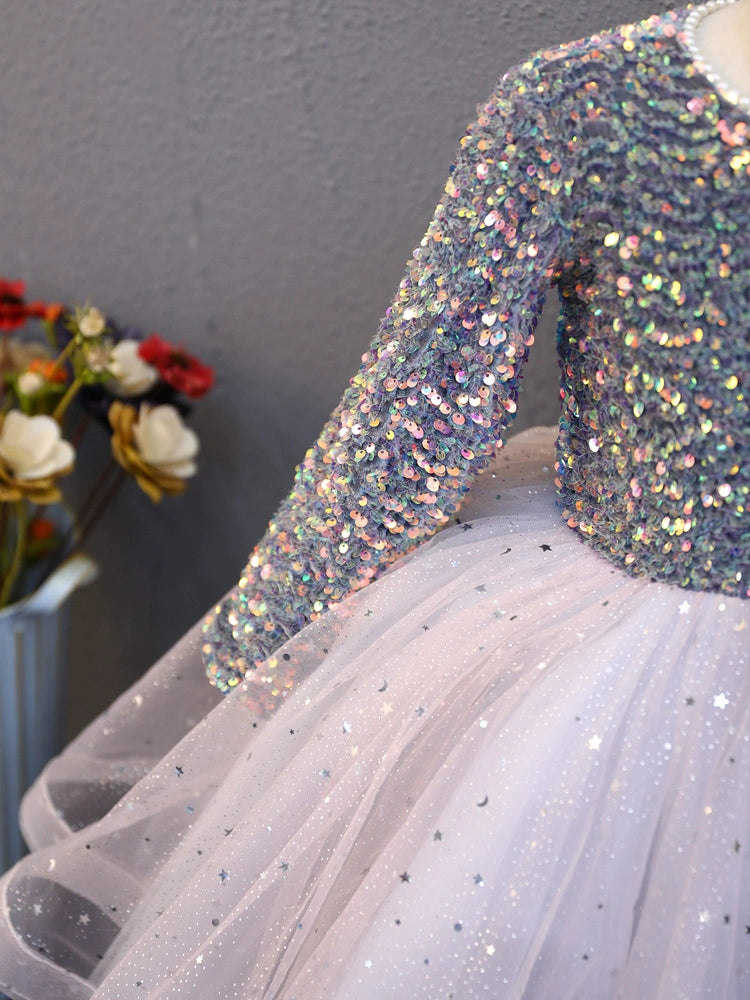 A-line Lilac Tulle Back Zip Baptism Sequins Tea Length Long Sleeve Round Flower Girl Dress