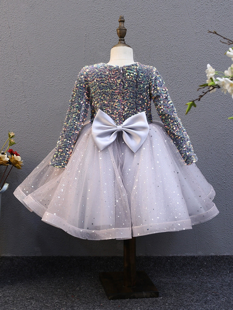 A-line Lilac Tulle Back Zip Baptism Sequins Tea Length Long Sleeve Round Flower Girl Dress