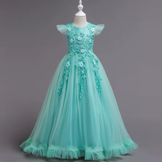A-line Mint Green Lace Back Zip Baptism Lace Floor Length Short Sleeve Cap Sleeve Round Flower Girl Dress