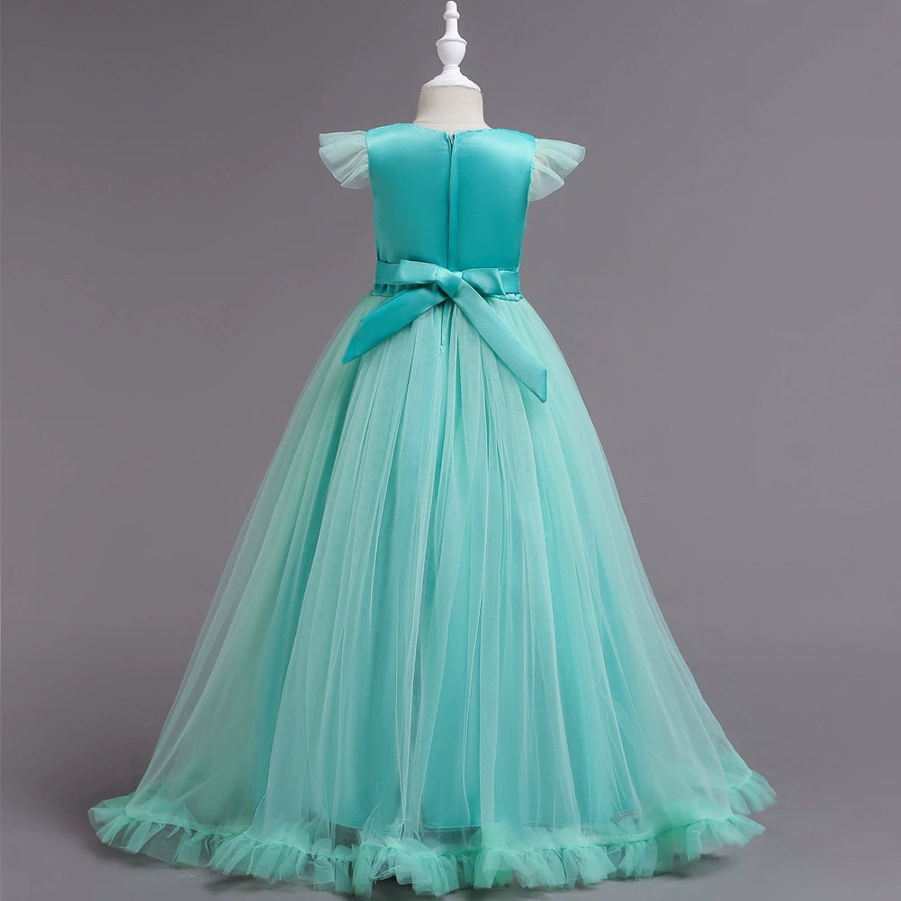 A-line Mint Green Lace Back Zip Baptism Lace Floor Length Short Sleeve Cap Sleeve Round Flower Girl Dress