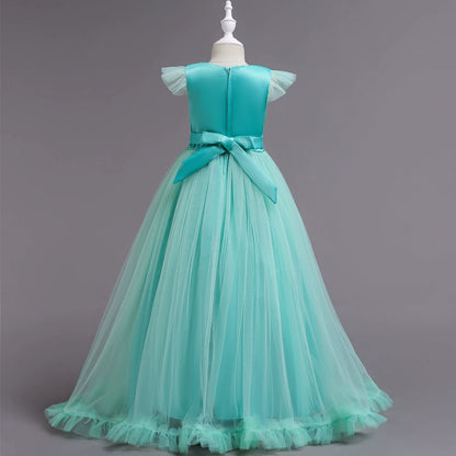 A-line Mint Green Lace Back Zip Baptism Lace Floor Length Short Sleeve Cap Sleeve Round Flower Girl Dress