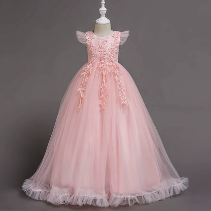 A-line Pink Lace Back Zip Baptism Lace Floor Length Short Sleeve Cap Sleeve Round Flower Girl Dress